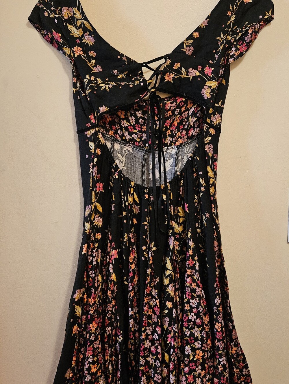 Free People Black Floral Fit & Flare Mini Dress | XS | Boho Cottagecore Fairycor - Picture 3 of 16